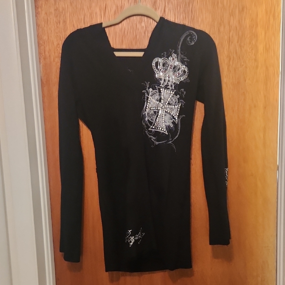 Black Long Sleeve Hooded Sweater with Rhinestone Design